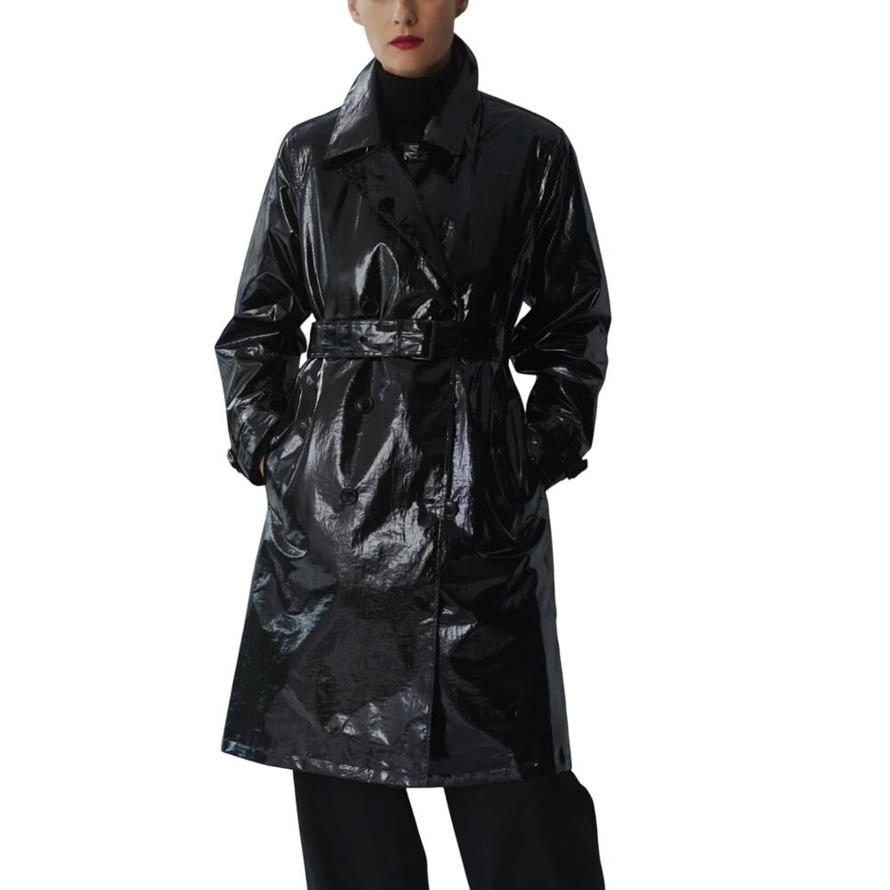 NWT Jane Post Military Trench Black Double Breasted Raincoat High Shine Black M